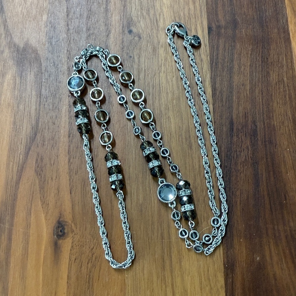 Loft Silver Tone Smoky Blue Gray Brown Beaded Long Drop Necklace Casual earthy